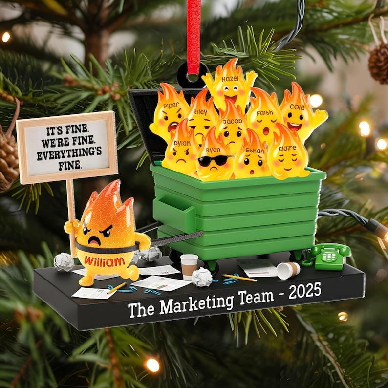 Personalized Dumpster Fire Ornament 2025, Custom Name Team Decor, Funny Office Christmas Bauble, Unique Holiday Gift Idea
