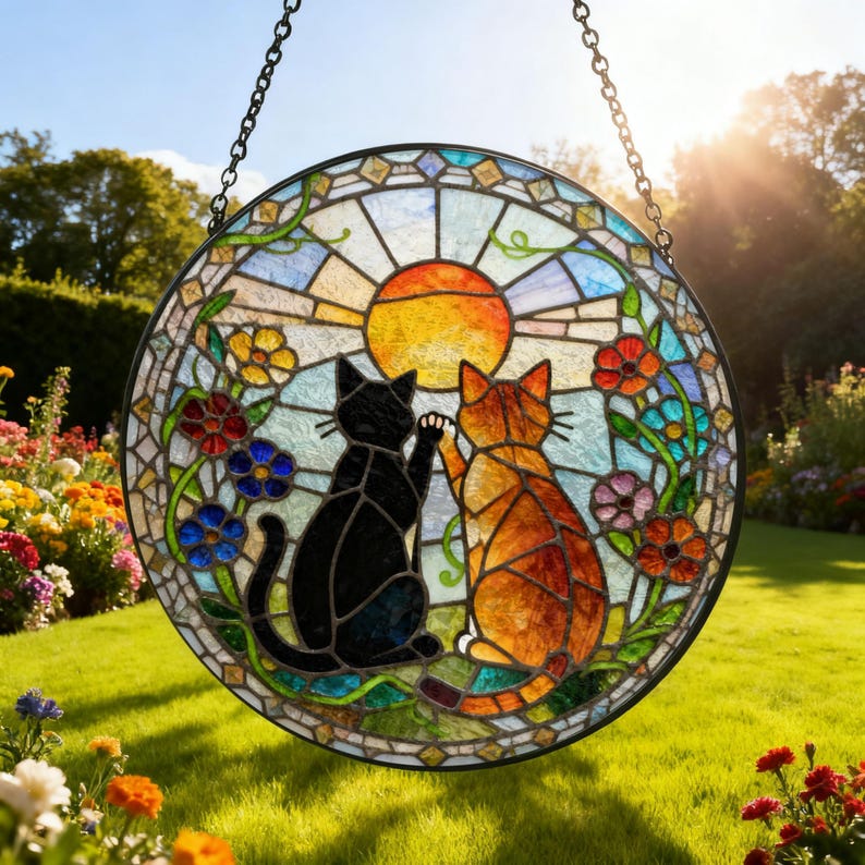 Charming Black Orange Cat Couple Garden Suncatcher Stained Glass Dog Pet Window Hanging Glass Ornament Mom Gift
