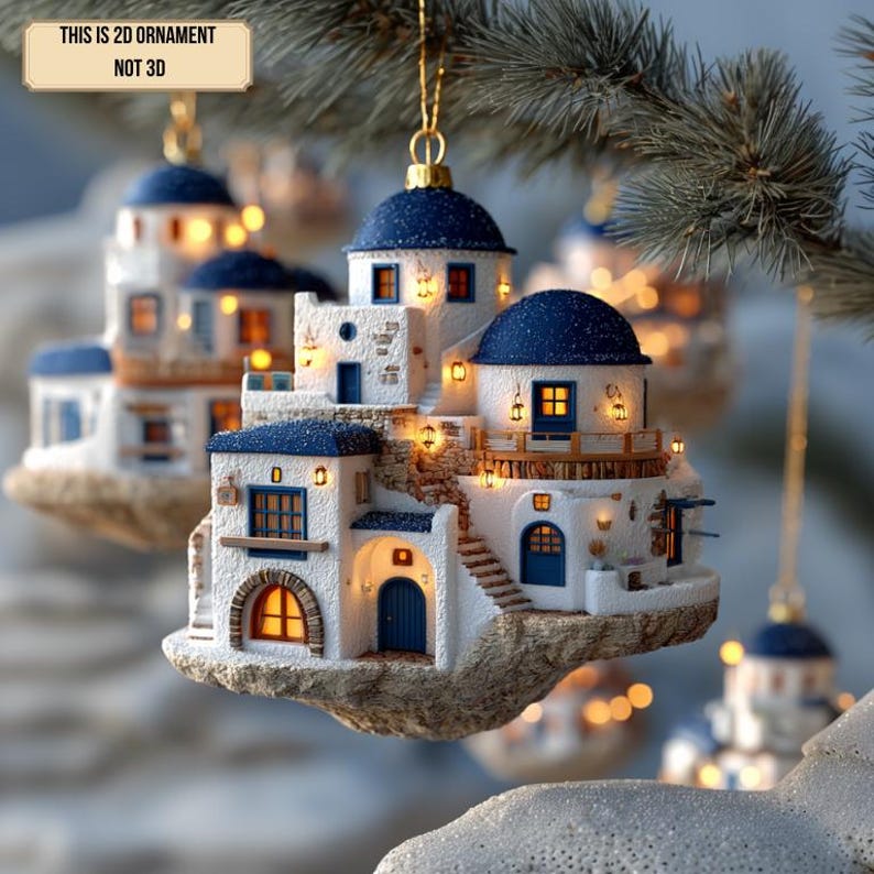 Santorini Village Christmas 2D FLAT Ornament, Greek Island House Decor, Unique Traveling Tree Decoration