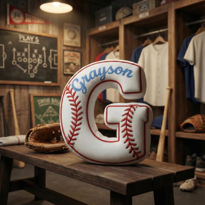 Personalized Baseball Pillow: Custom Letter Shaped Sports Kids Room Decor