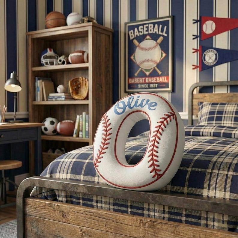 Personalized Baseball Pillow: Custom Letter Shaped Sports Kids Room Decor