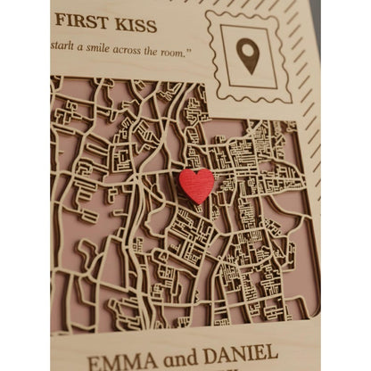 Our First Kiss Map Wooden Anniversary Postcard, First Kiss Location, Tabletop or Wall Hanging Personalized Anniversary Gift for Couple