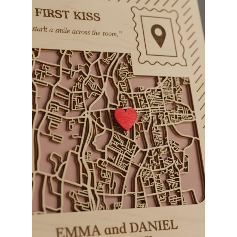 Our First Kiss Map Wooden Anniversary Postcard, First Kiss Location, Tabletop or Wall Hanging Personalized Anniversary Gift for Couple