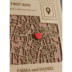 Our First Kiss Map Wooden Anniversary Postcard, First Kiss Location, Tabletop or Wall Hanging Personalized Anniversary Gift for Couple