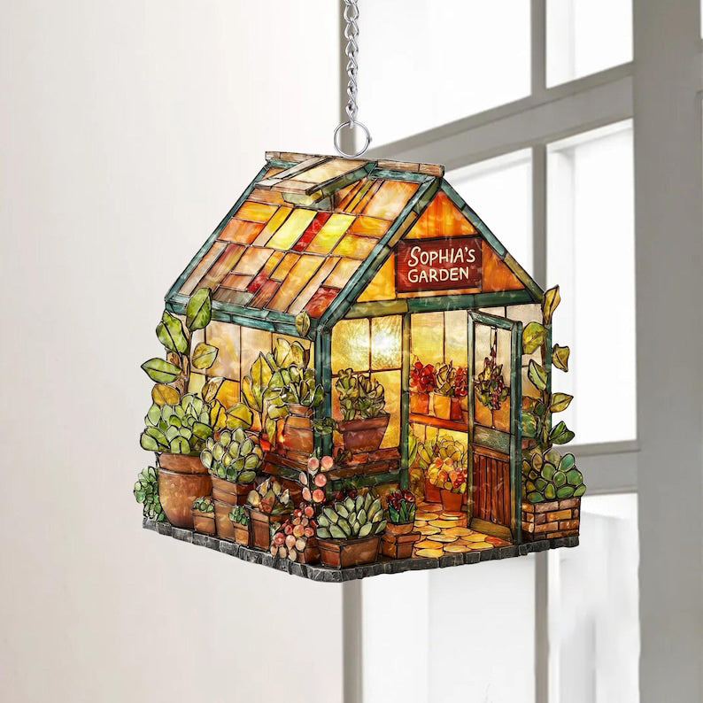 Personalized Name Greenhouse Acrylic Suncatcher, Plant Ornament, Gift for Plantaholic, Plant Lovers Gift