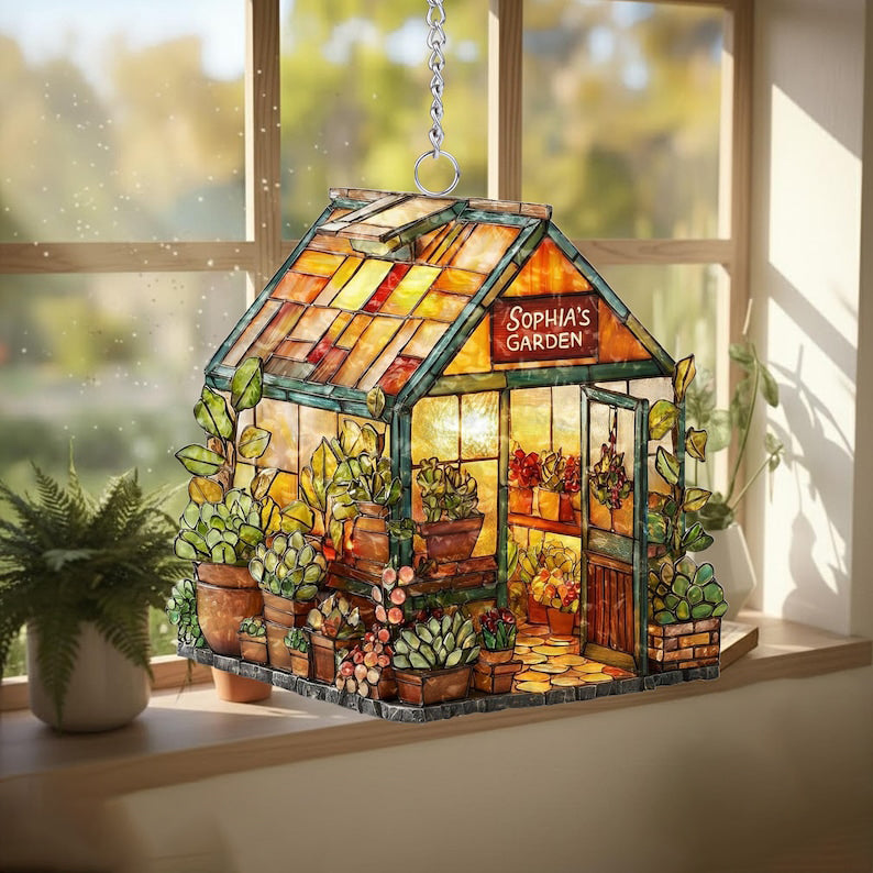 Personalized Name Greenhouse Acrylic Suncatcher, Plant Ornament, Gift for Plantaholic, Plant Lovers Gift