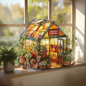 Personalized Name Greenhouse Acrylic Suncatcher, Plant Ornament, Gift for Plantaholic, Plant Lovers Gift