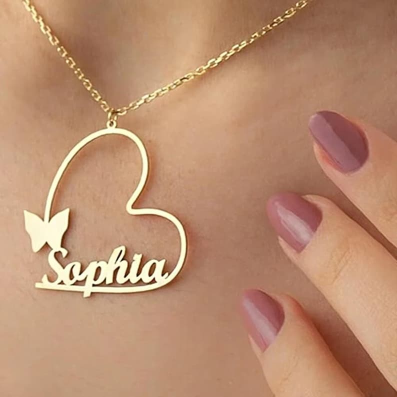 Personalised Heart Butterfly Pendant Choker Custom Name Necklace for Women Stainless Steel Jewelry Valentine's Day Gift for Wife
