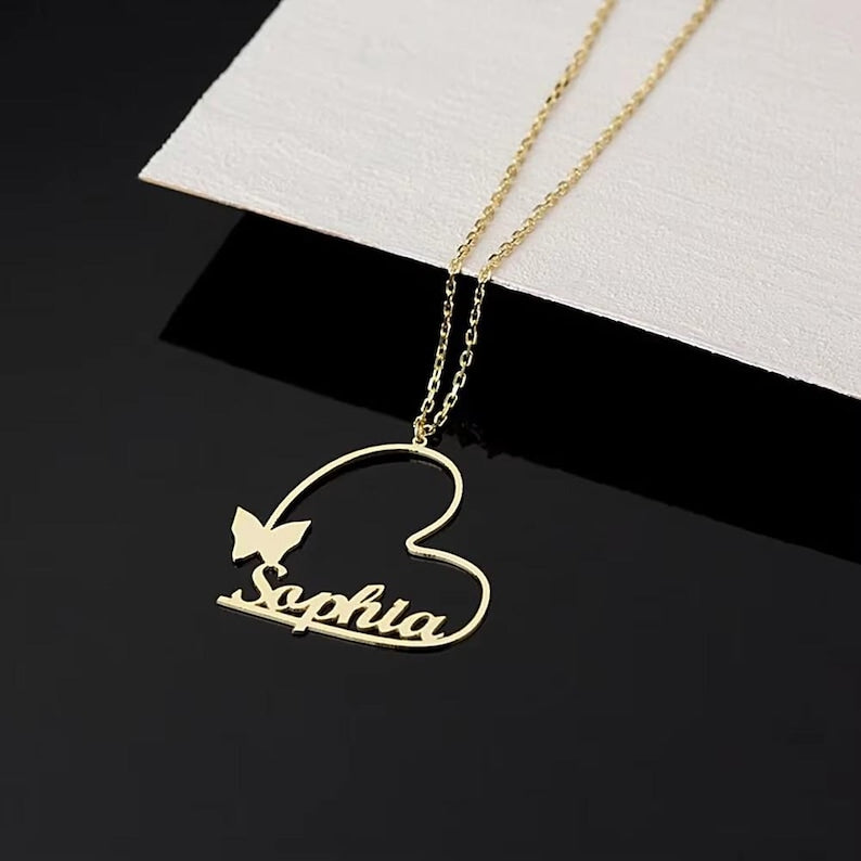 Personalised Heart Butterfly Pendant Choker Custom Name Necklace for Women Stainless Steel Jewelry Valentine's Day Gift for Wife
