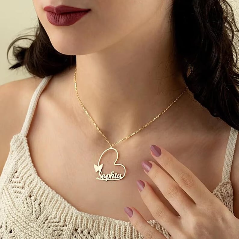 Personalised Heart Butterfly Pendant Choker Custom Name Necklace for Women Stainless Steel Jewelry Valentine's Day Gift for Wife