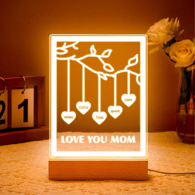 Personalized Mom Gift With Kids Names LED Night Light, Custom Family Tree Love You Mom Lamp, Birthday Gift For Mother From Daughter Son Decor