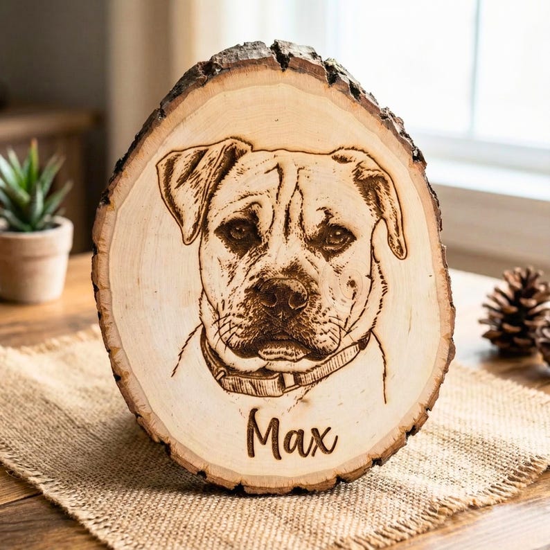 Pet Memorial Plaque - Personalized Dog photo engraved live edge wood slab Custom Pet Tribute