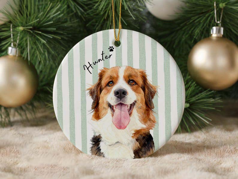 Personalized Pet Memorial Watercolor Ornament from Photo + Name Striped Dog & Cat Ornament, Personalized Pet Remembrance Gift Loss