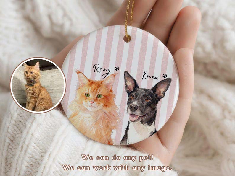 Personalized Pet Memorial Watercolor Ornament from Photo + Name Striped Dog & Cat Ornament, Personalized Pet Remembrance Gift Loss
