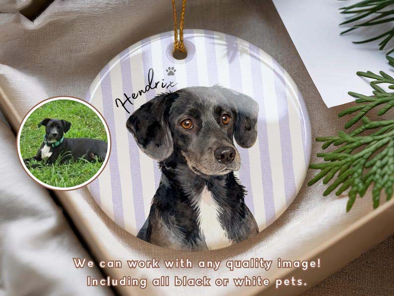 Personalized Pet Memorial Watercolor Ornament from Photo + Name Striped Dog & Cat Ornament, Personalized Pet Remembrance Gift Loss
