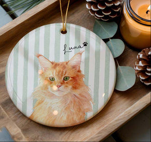Personalized Pet Memorial Watercolor Ornament from Photo + Name Striped Dog & Cat Ornament, Personalized Pet Remembrance Gift Loss