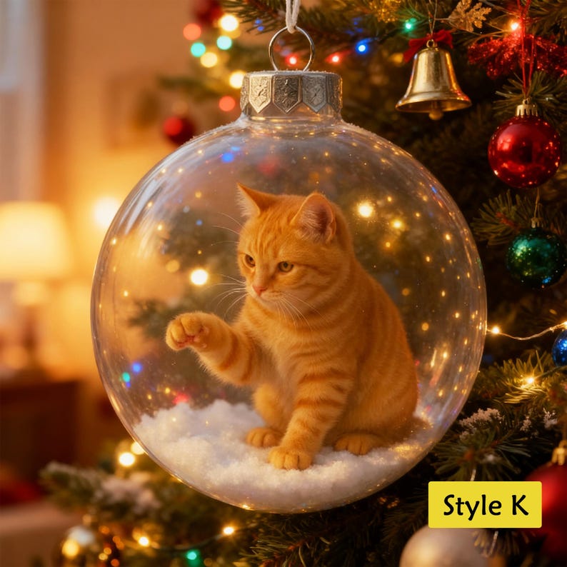 Personalized 2D/3D Animals Xmas Acrylic Ornaments-Cat/Fox/Deer/Cow/Bunny/Bear/Squirrel,Christmas Balls with Snow Scene,Christmas Tree Decor