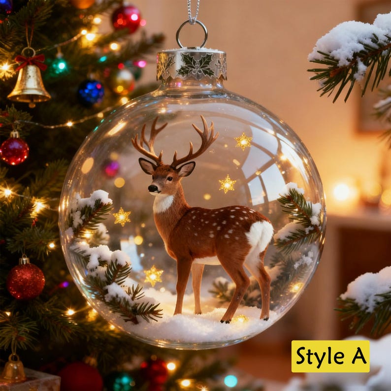 Personalized 2D/3D Animals Xmas Acrylic Ornaments-Cat/Fox/Deer/Cow/Bunny/Bear/Squirrel,Christmas Balls with Snow Scene,Christmas Tree Decor