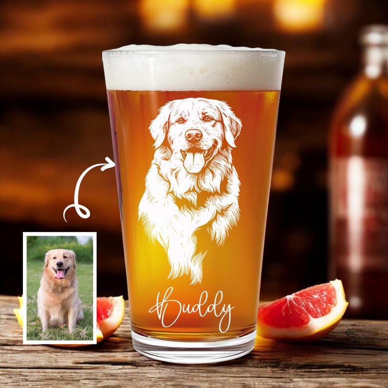 Personalized Dog Portrait Pint Glass, Custom Engraved Pet Keepsake, Dog Lover Gift, Dog Memorial, Custom Pet Name Glass