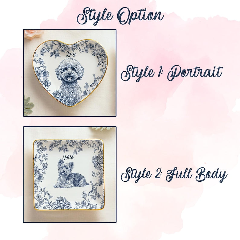 Custom Pet Portrait Jewelry Dish Toile De Jouy Ceramic Dish, Custom Dog Cat Jewelry Dish, Personalized Dog Cat Portrait Ceramic Christmas