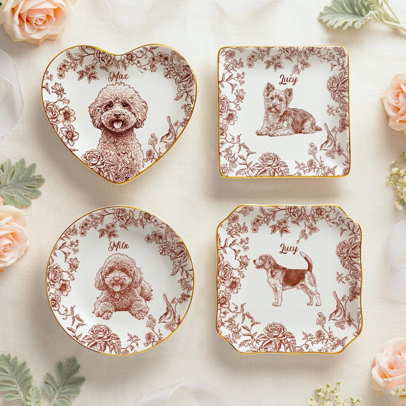 Custom Pet Portrait Jewelry Dish Toile De Jouy Ceramic Dish, Custom Dog Cat Jewelry Dish, Personalized Dog Cat Portrait Ceramic Christmas