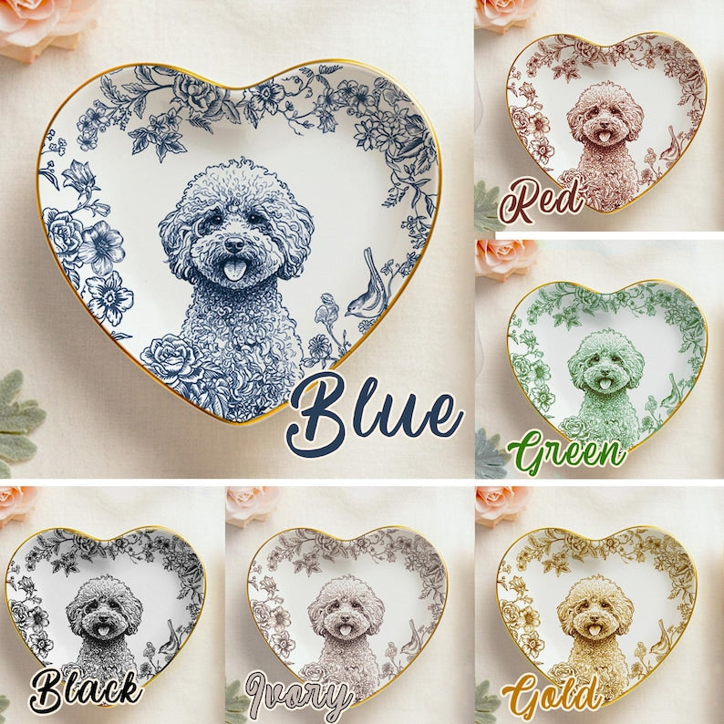 Custom Pet Portrait Jewelry Dish Toile De Jouy Ceramic Dish, Custom Dog Cat Jewelry Dish, Personalized Dog Cat Portrait Ceramic Christmas
