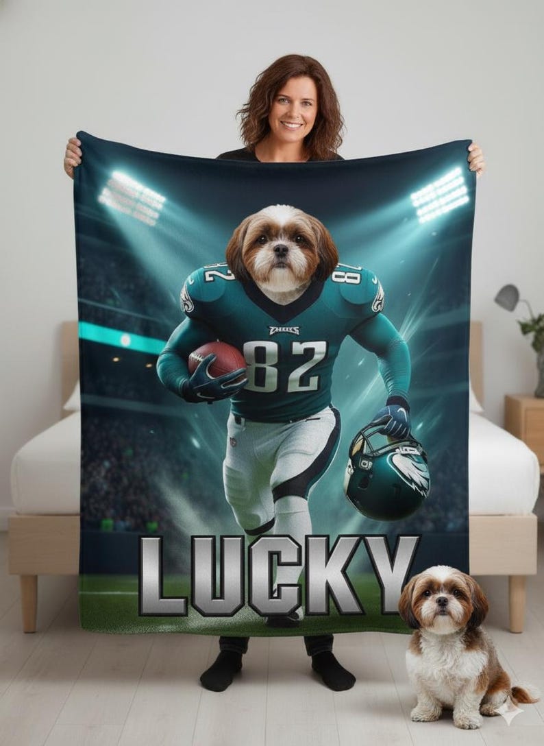 Personalized Philadelphia Football Dog Cat Photo Blanket, Custom Multiple Pets Portrait Throw
