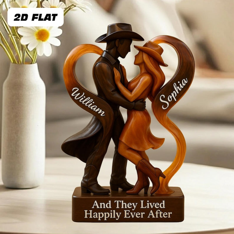 Personalized Cowboy Cowgirl Couple Happily Ever After 2D Flat Acrylic Plaque, Custom Cowgirl Plaque, Wedding Anniversary Gift For Couples