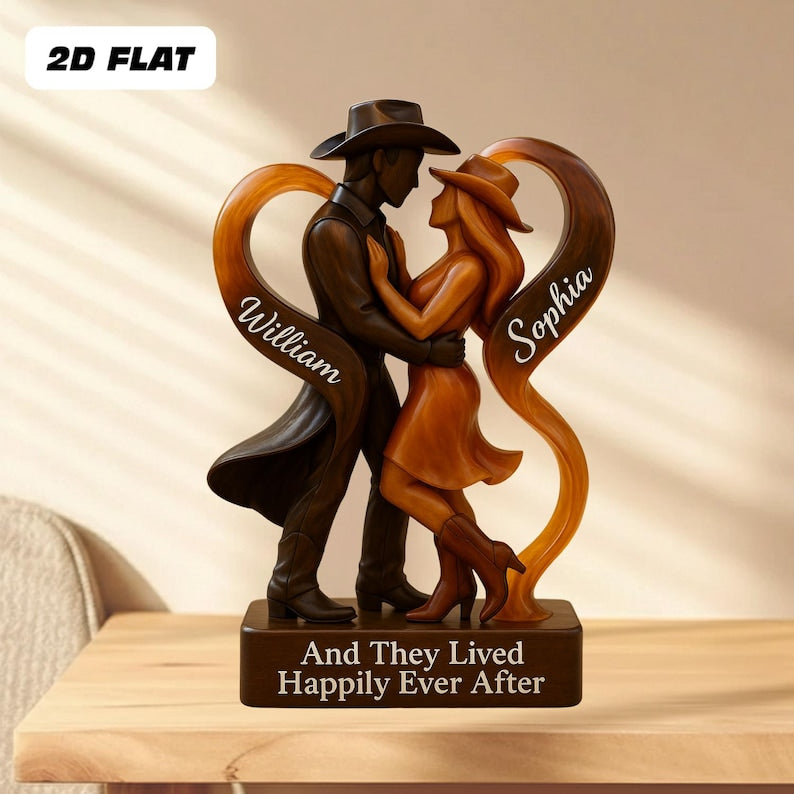 Personalized Cowboy Cowgirl Couple Happily Ever After 2D Flat Acrylic Plaque, Custom Cowgirl Plaque, Wedding Anniversary Gift For Couples