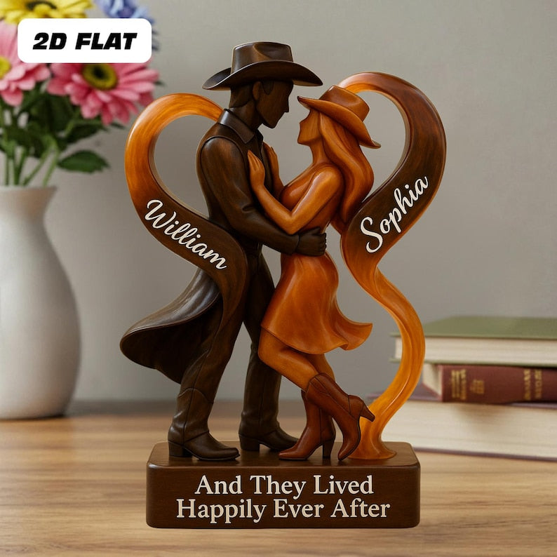 Personalized Cowboy Cowgirl Couple Happily Ever After 2D Flat Acrylic Plaque, Custom Cowgirl Plaque, Wedding Anniversary Gift For Couples