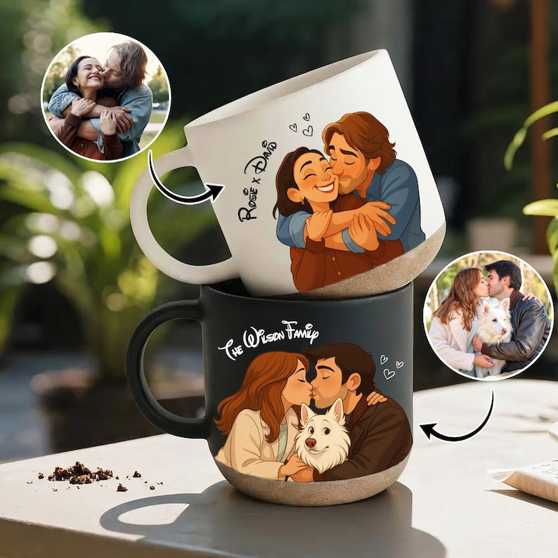 Custom Couple Portrait With Pet, Cat Portrait, Dog Portrait, Pet Memorial Art, Gift for Her, Custom Mug for Couple, Anniversary Gift for him