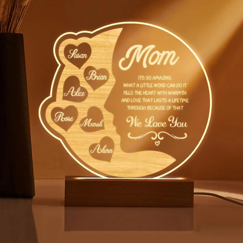 Personalized Mom Gift From Kids Custom Name Lamp, We Love You Mom Quote Night Light, Mothers Day Birthday Sentimental Plaque For Mother Sign