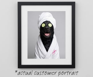 Custom Dog Bathroom Portraits Funny Pet Spa Art Prints, Personalized Dog in Bathrobe, Cucumber eyes
