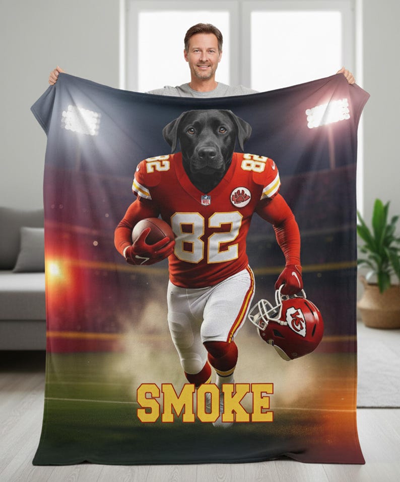 Personalized Football Dog Cat Photo Blanket, Custom Team Face Name League Pet Parents Gift