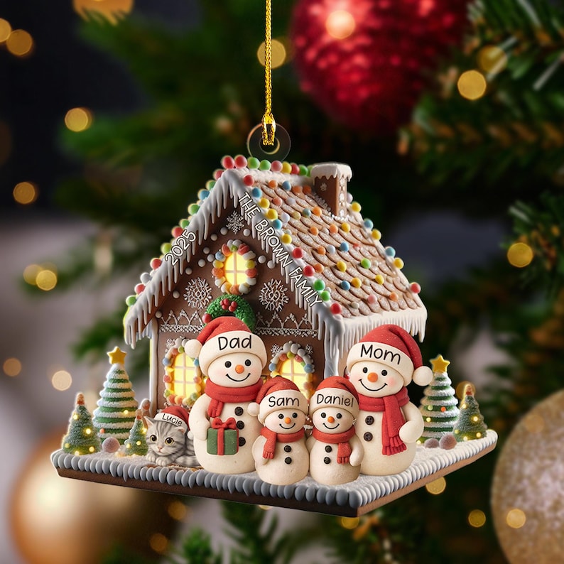 Personalized Gingerbread House Ornament, Family Christmas 2025, Custom Snowman Keepsake, Cat Lover Xmas Gift, New Home Decoration Tree Decor