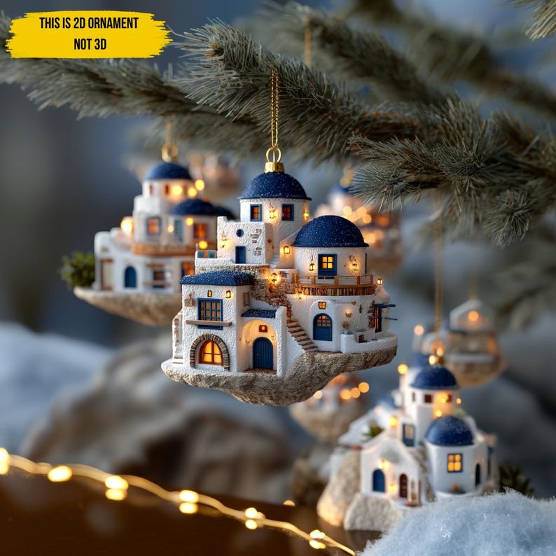 Santorini Village Christmas 2D FLAT Ornament, Greek Island House Decor, Unique Traveling Tree Decoration