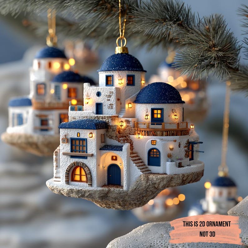 Santorini Village Christmas 2D FLAT Ornament, Greek Island House Decor, Unique Traveling Tree Decoration