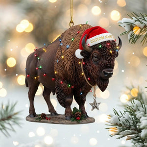 Personalized Bison Ornament 2D Flat Acrylic, Custom Name Buffalo Christmas Decor with Santa Hat & Holiday Lights, Wildlife Animal Xmas Decor