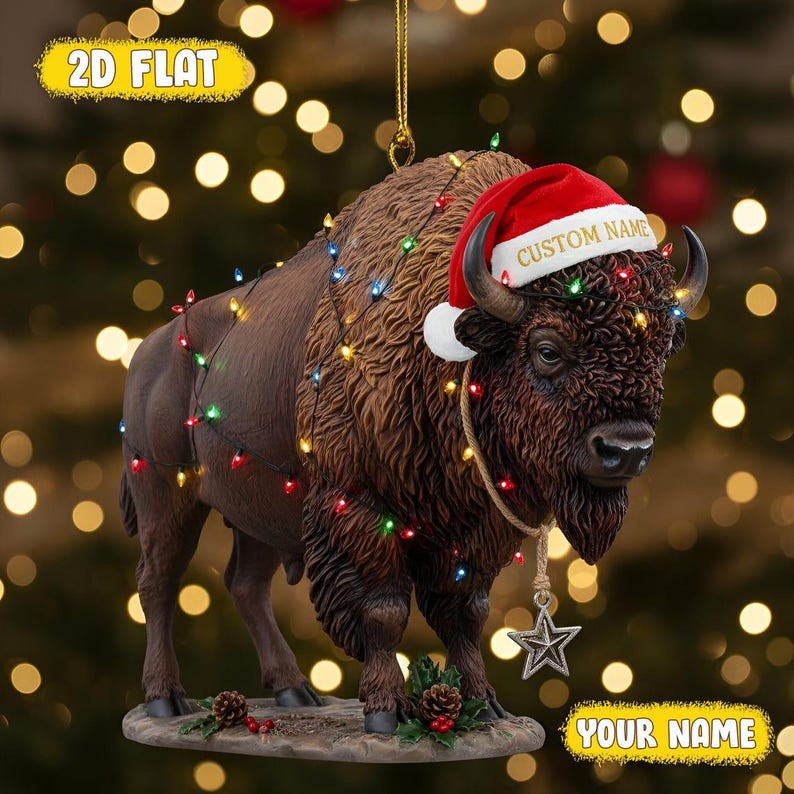 Personalized Bison Ornament 2D Flat Acrylic, Custom Name Buffalo Christmas Decor with Santa Hat & Holiday Lights, Wildlife Animal Xmas Decor