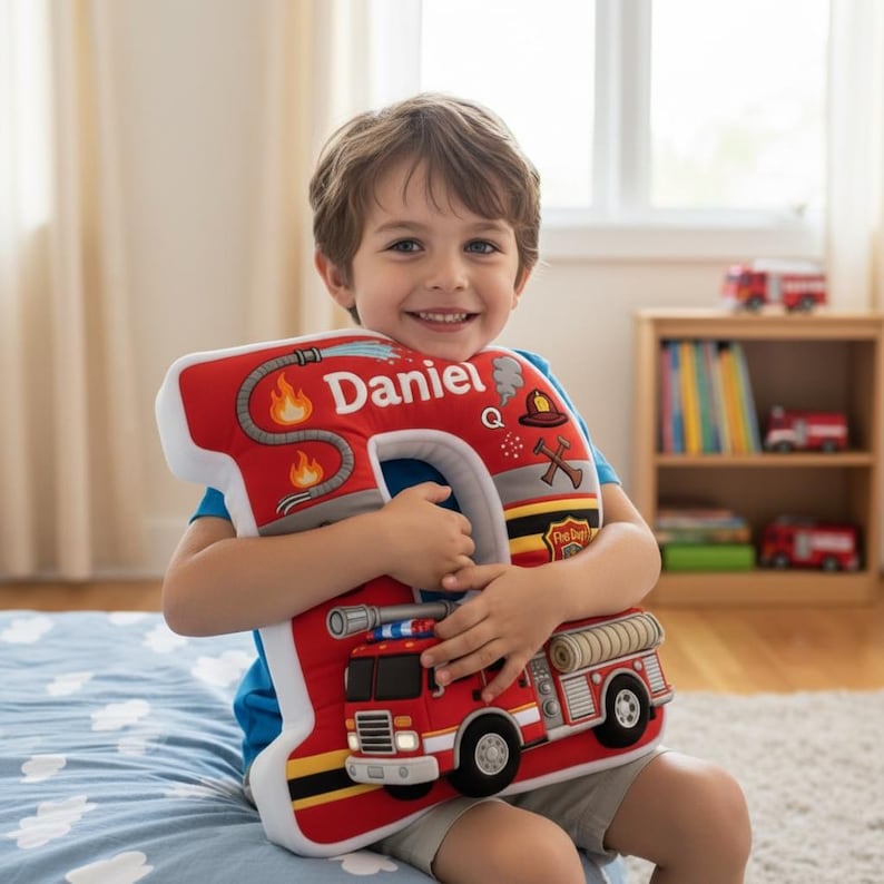 Personalized 2D Flat Printed Fire Truck Letter Pillow for Kids, Custom Firefighter Initial Cushion, Firefighter Nursery Bedroom Gift for Boy