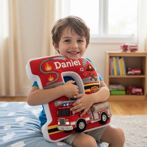 Personalized 2D Flat Printed Fire Truck Letter Pillow for Kids, Custom Firefighter Initial Cushion, Firefighter Nursery Bedroom Gift for Boy