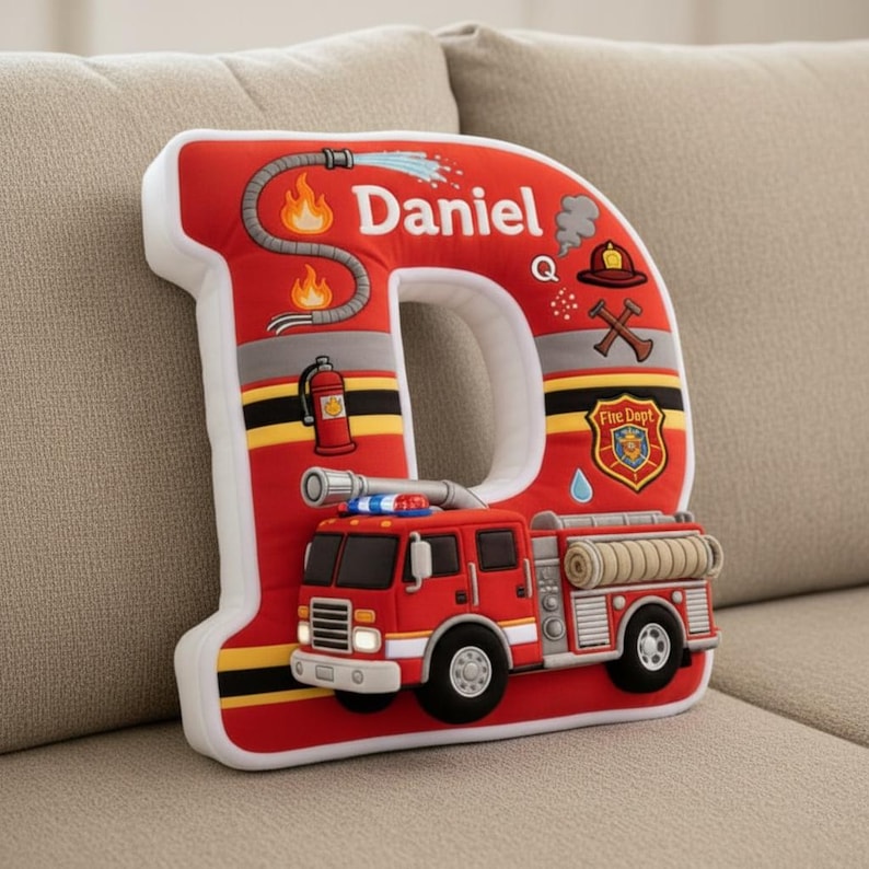 Personalized 2D Flat Printed Fire Truck Letter Pillow for Kids, Custom Firefighter Initial Cushion, Firefighter Nursery Bedroom Gift for Boy