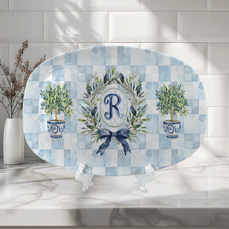 Personalized Platter, Custom Serving Plate, Monogram, Wedding Gift, Family Name Portrait Plate New Home Gift for Newlyweds Chinoiserie Style