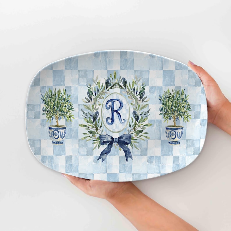 Personalized Platter, Custom Serving Plate, Monogram, Wedding Gift, Family Name Portrait Plate New Home Gift for Newlyweds Chinoiserie Style