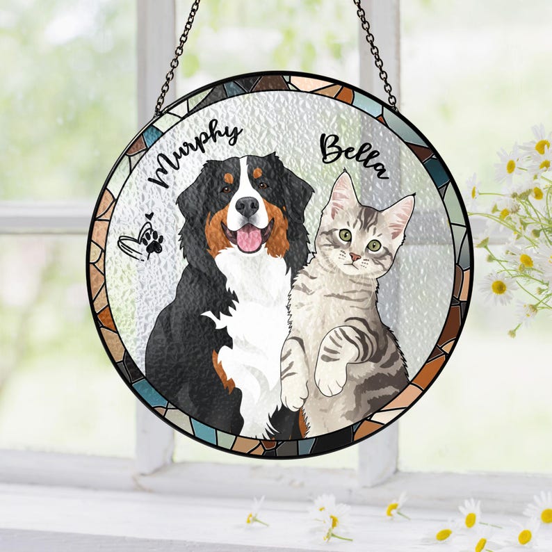 Personalized Hand-Painted Pet Portrait From Photos Stained Glass Suncatcher, Family Image with Pet, Cat Memorial Gift, Custom Dog Photo