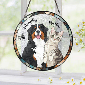 Personalized Hand-Painted Pet Portrait From Photos Stained Glass Suncatcher, Family Image with Pet, Cat Memorial Gift, Custom Dog Photo