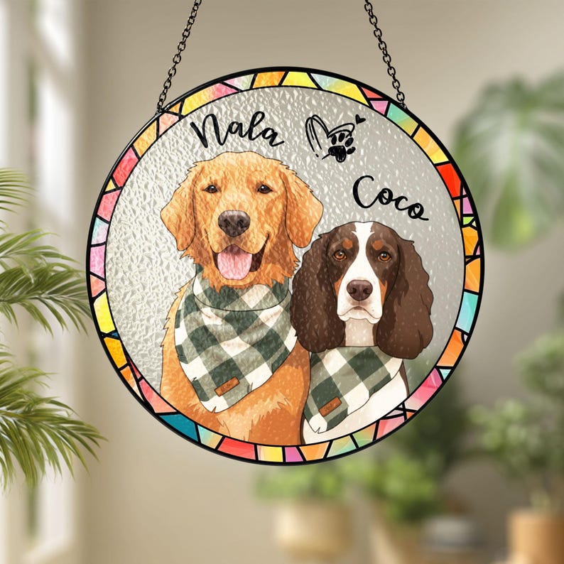 Personalized Hand-Painted Pet Portrait From Photos Stained Glass Suncatcher, Family Image with Pet, Cat Memorial Gift, Custom Dog Photo