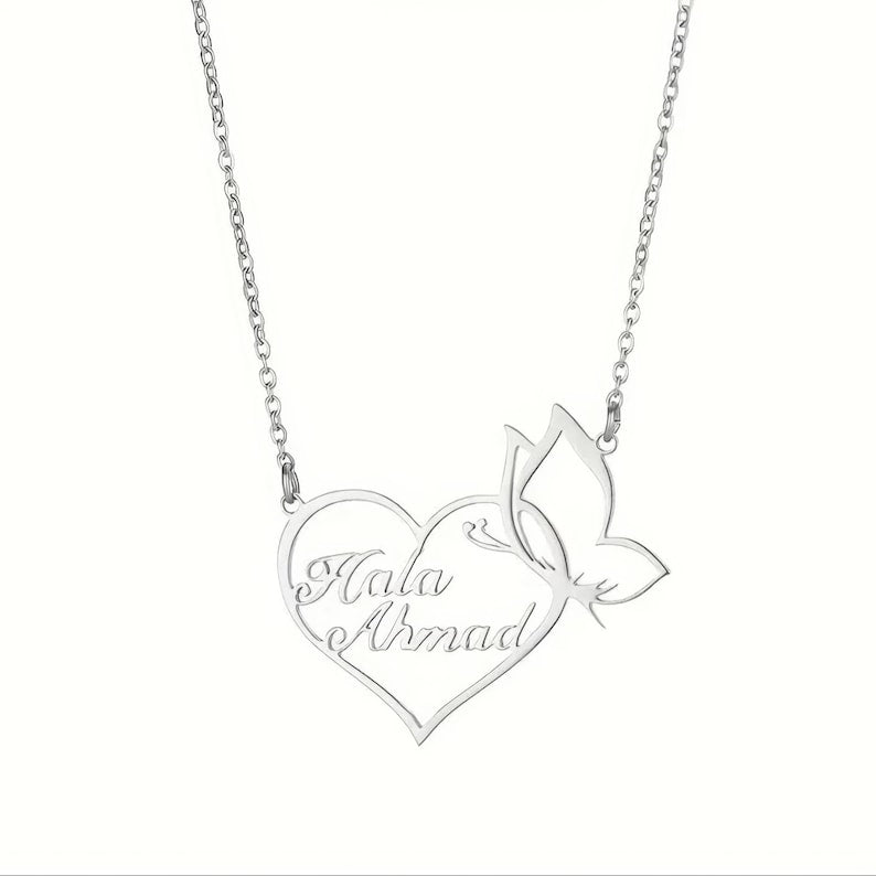 Personalized Two Name Necklace, Custom 2 Names Heart Butterfly Pendant, Double Name Jewelry, Gift for Mom Wife Girlfriend, Gold or Silver