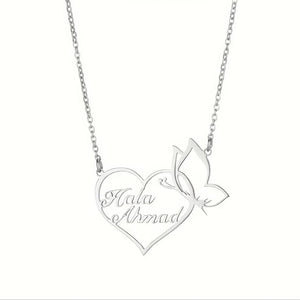 Personalized Two Name Necklace, Custom 2 Names Heart Butterfly Pendant, Double Name Jewelry, Gift for Mom Wife Girlfriend, Gold or Silver