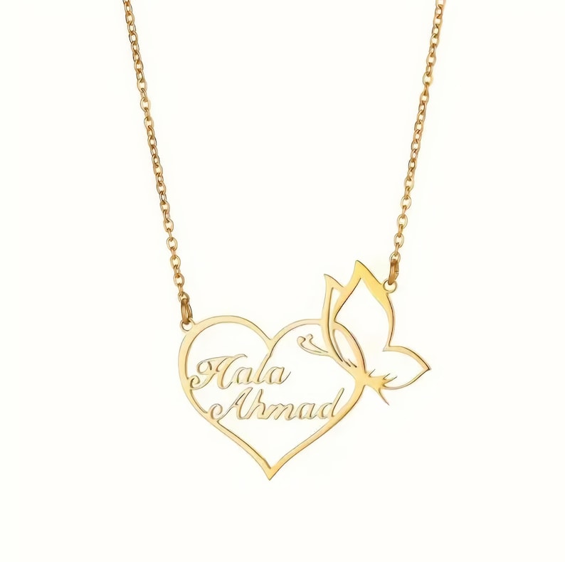 Personalized Two Name Necklace, Custom 2 Names Heart Butterfly Pendant, Double Name Jewelry, Gift for Mom Wife Girlfriend, Gold or Silver